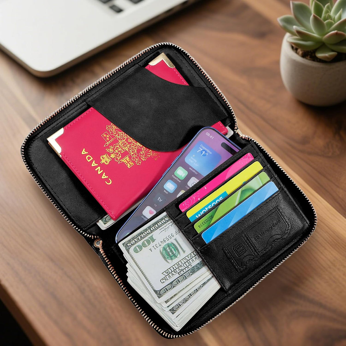 Passport Holder Wallet Lightweight Travel Wallet Zipped Credit Cards Case Holder with Detachable Wrist Strap for Women and Men