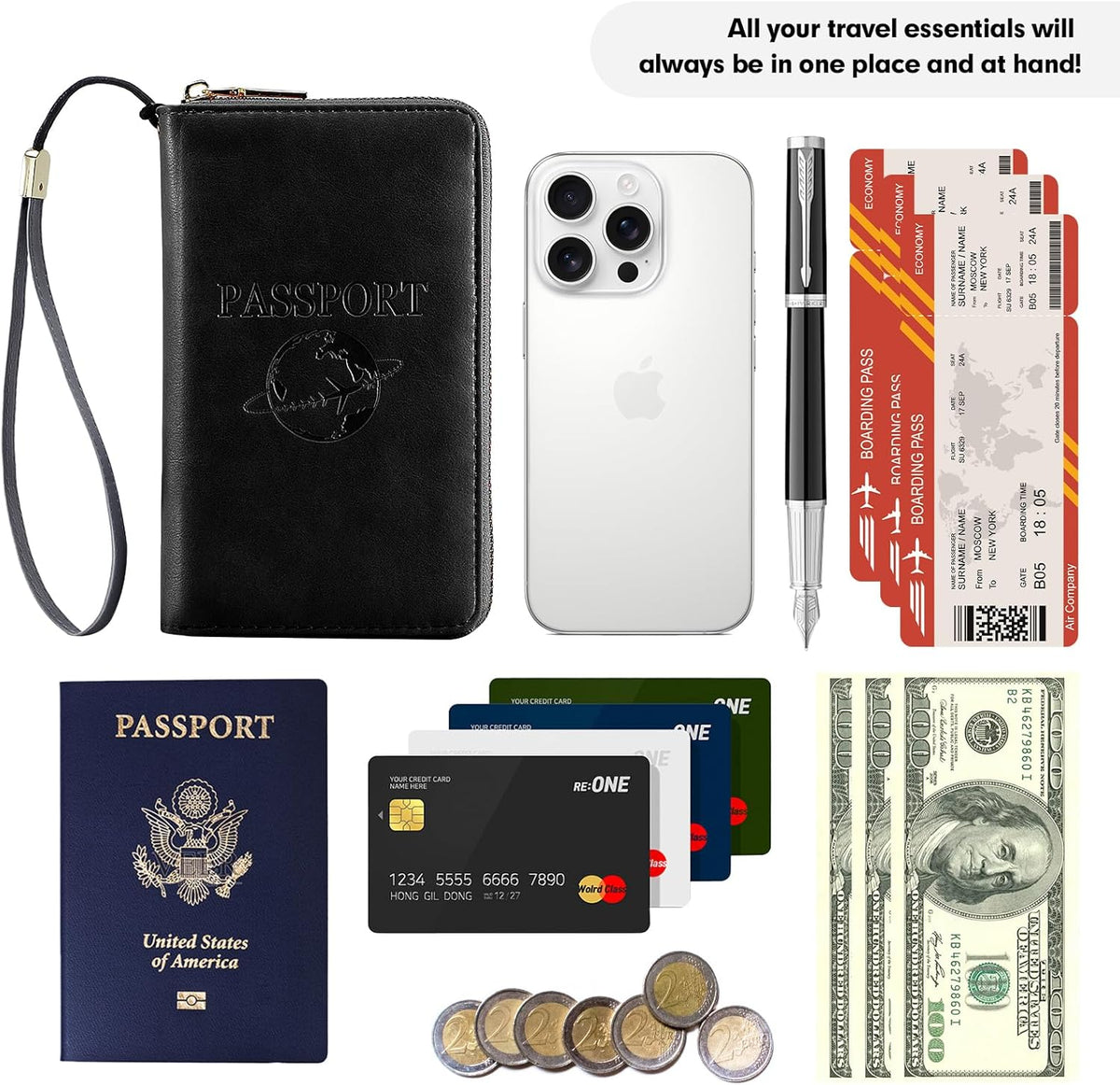 Passport Holder Wallet Lightweight Travel Wallet Zipped Credit Cards Case Holder with Detachable Wrist Strap for Women and Men