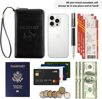 Passport Holder Wallet Lightweight Travel Wallet Zipped Credit Cards Case Holder with Detachable Wrist Strap for Women and Men