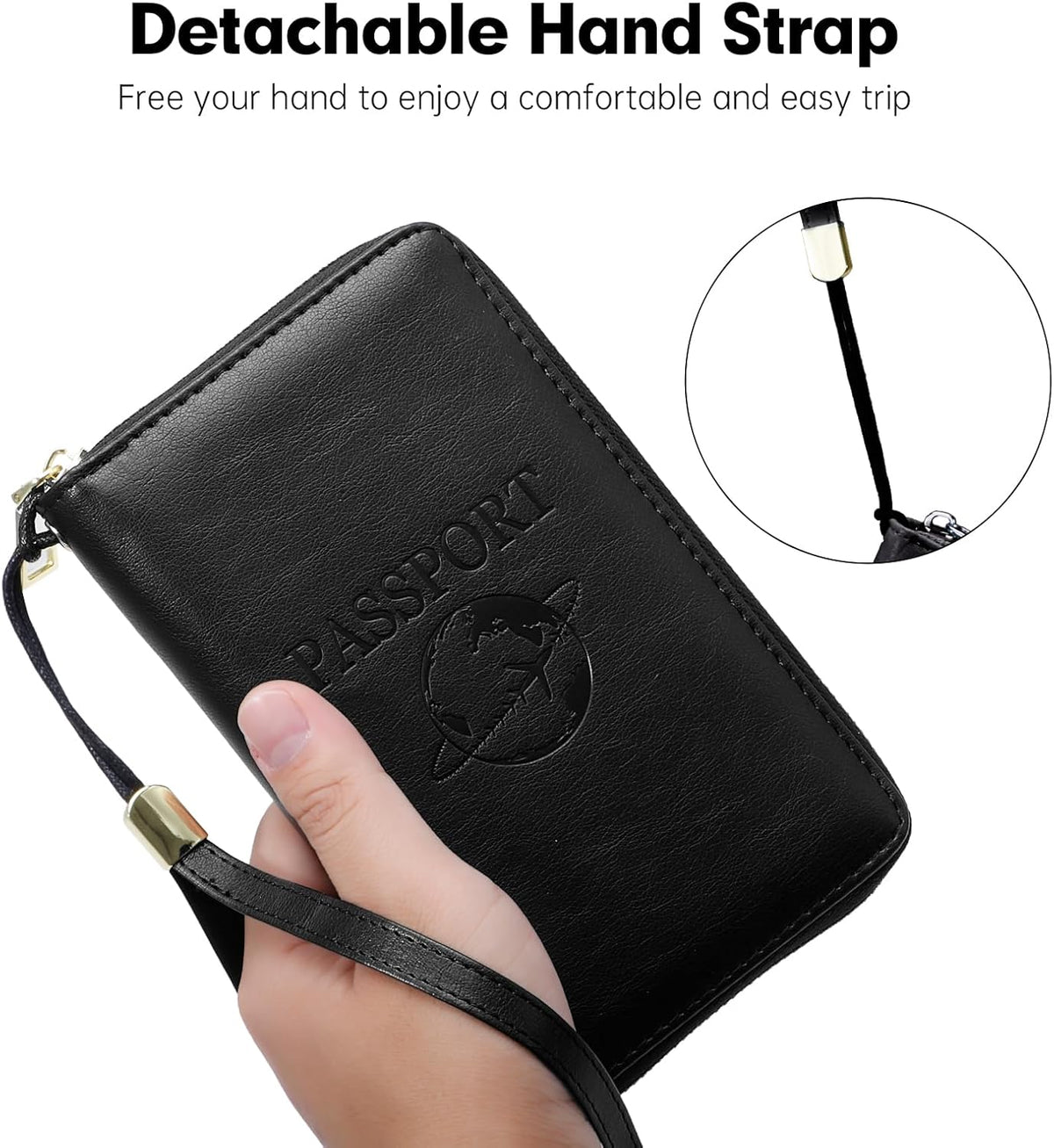 Passport Holder Wallet Lightweight Travel Wallet Zipped Credit Cards Case Holder with Detachable Wrist Strap for Women and Men