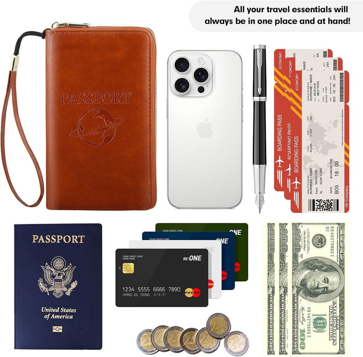 Passport Holder Wallet Lightweight Travel Wallet Zipped Credit Cards Case Holder with Detachable Wrist Strap for Women and Men