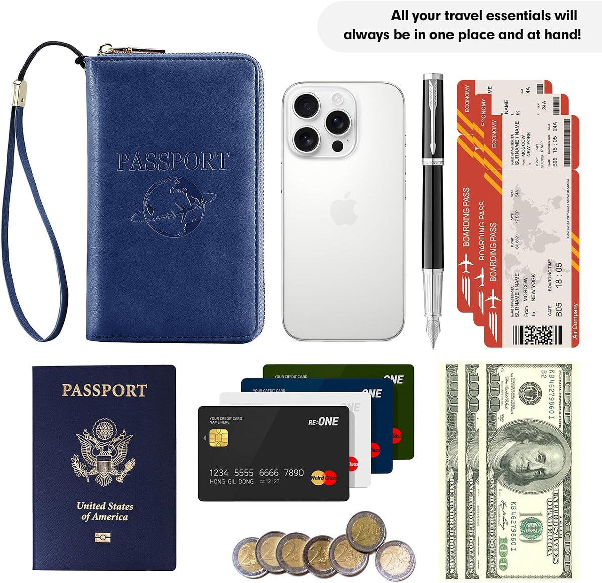 Passport Holder Wallet Lightweight Travel Wallet Zipped Credit Cards Case Holder with Detachable Wrist Strap for Women and Men