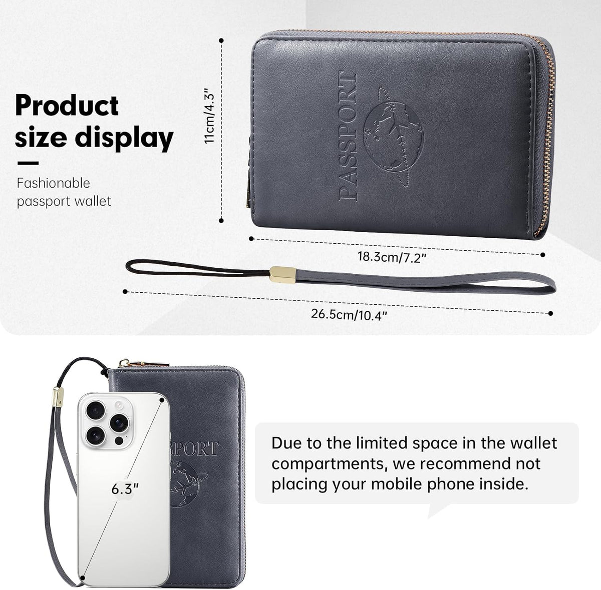Passport Holder Wallet Lightweight Travel Wallet Zipped Credit Cards Case Holder with Detachable Wrist Strap for Women and Men
