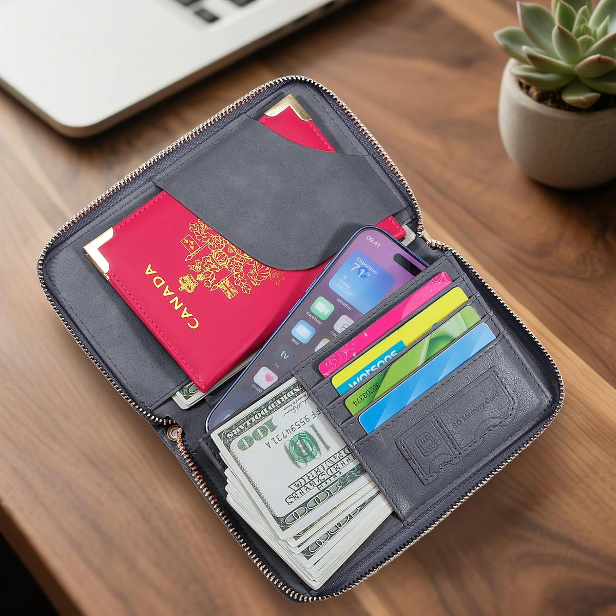 Passport Holder Wallet Lightweight Travel Wallet Zipped Credit Cards Case Holder with Detachable Wrist Strap for Women and Men