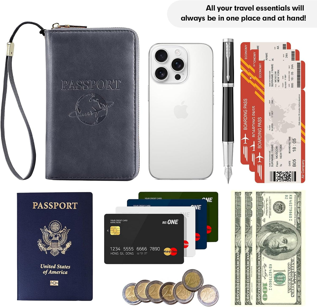 Passport Holder Wallet Lightweight Travel Wallet Zipped Credit Cards Case Holder with Detachable Wrist Strap for Women and Men
