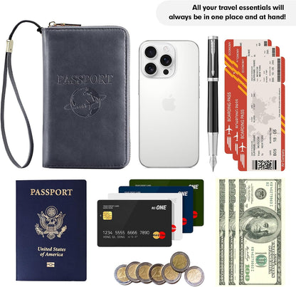 Passport Holder Wallet Lightweight Travel Wallet Zipped Credit Cards Case Holder with Detachable Wrist Strap for Women and Men