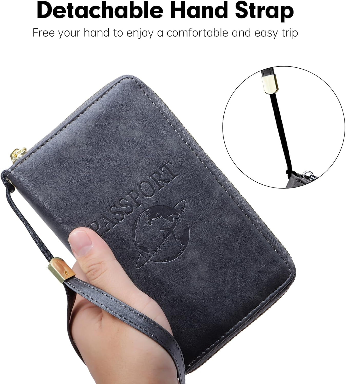 Passport Holder Wallet Lightweight Travel Wallet Zipped Credit Cards Case Holder with Detachable Wrist Strap for Women and Men