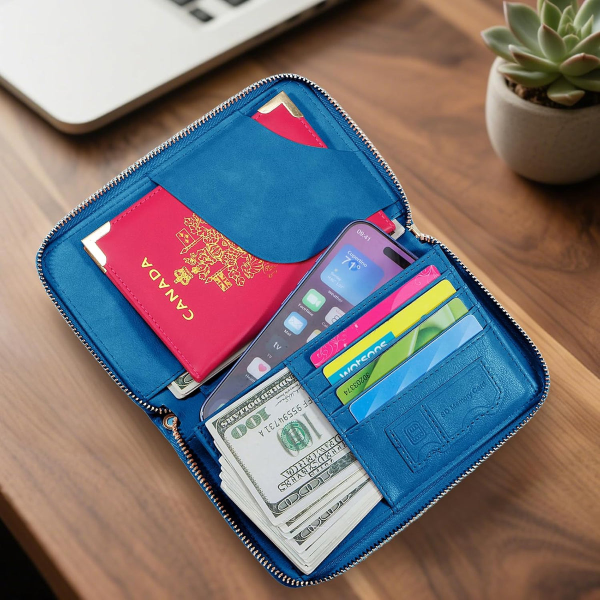 Passport Holder Wallet Lightweight Travel Wallet Zipped Credit Cards Case Holder with Detachable Wrist Strap for Women and Men