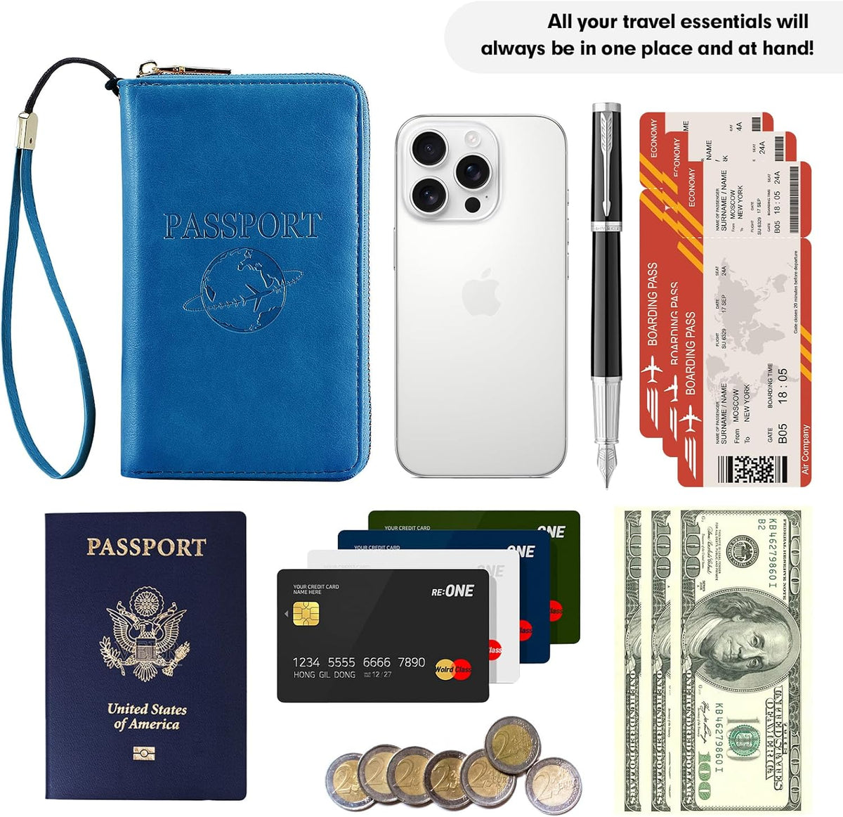 Passport Holder Wallet Lightweight Travel Wallet Zipped Credit Cards Case Holder with Detachable Wrist Strap for Women and Men