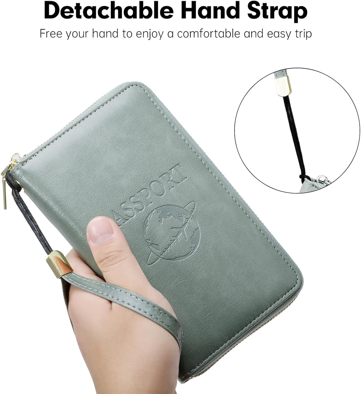 Passport Holder Wallet Lightweight Travel Wallet Zipped Credit Cards Case Holder with Detachable Wrist Strap for Women and Men