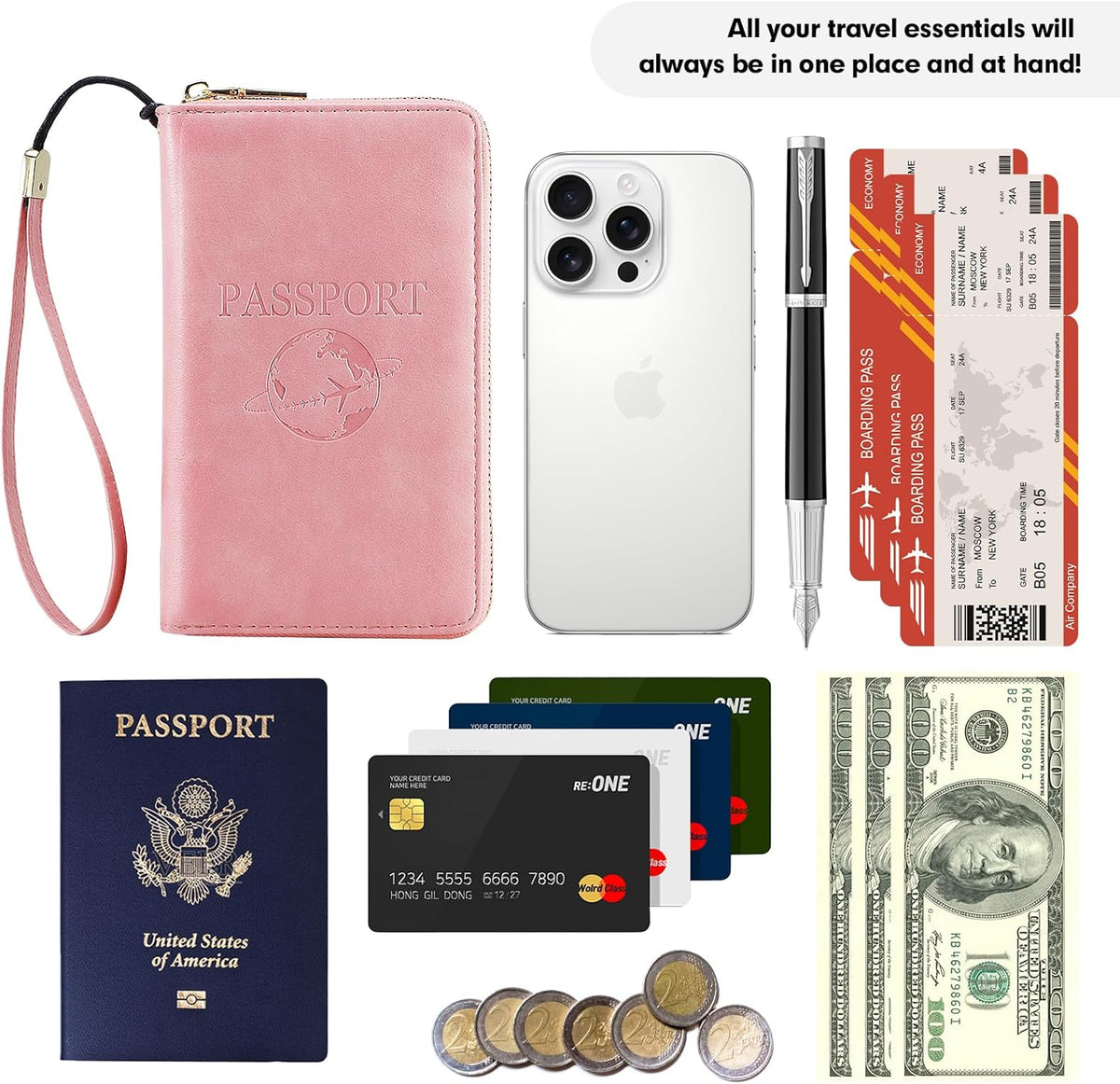 Passport Holder Wallet Lightweight Travel Wallet Zipped Credit Cards Case Holder with Detachable Wrist Strap for Women and Men