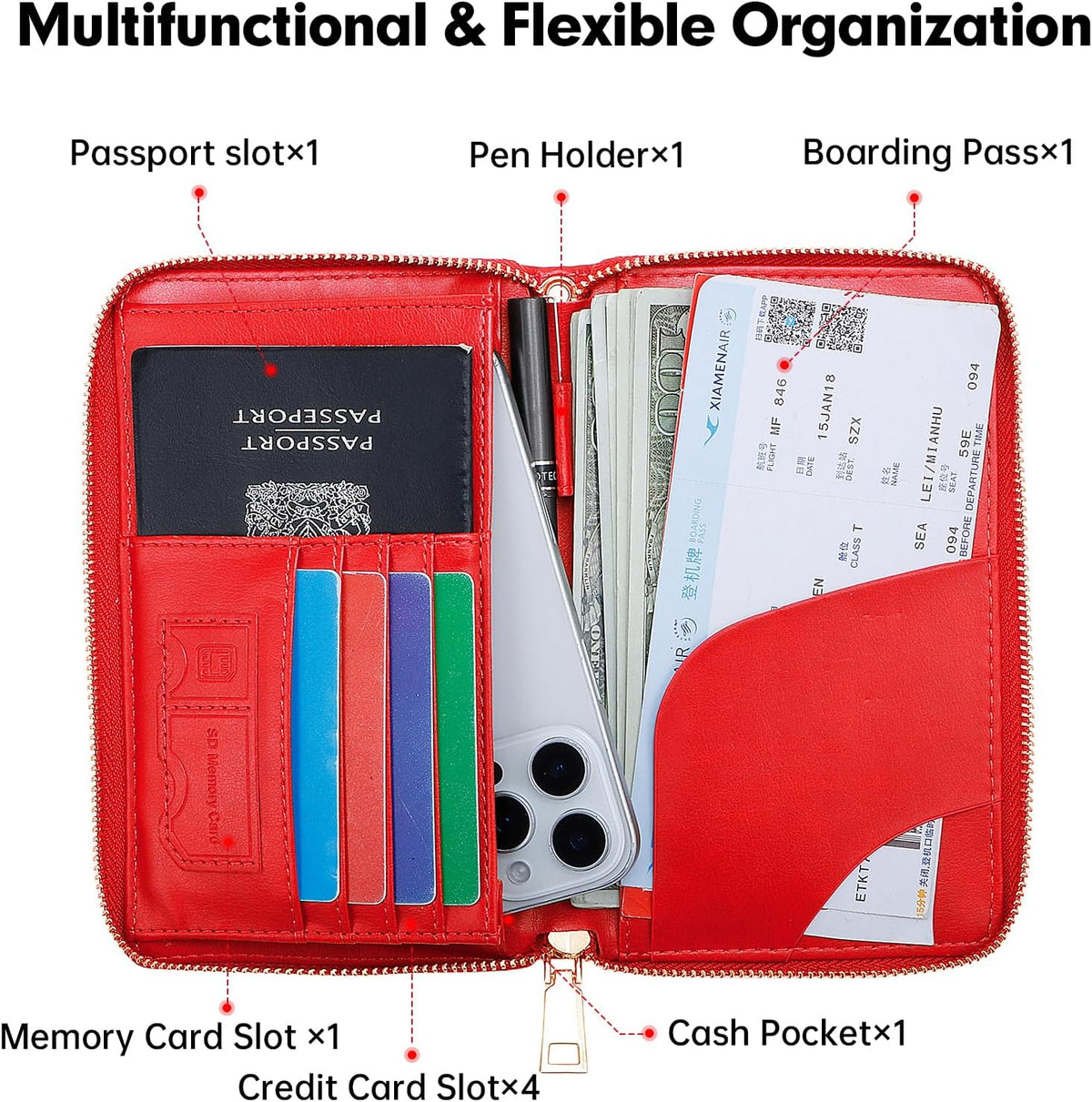 Passport Holder Wallet Lightweight Travel Wallet Zipped Credit Cards Case Holder with Detachable Wrist Strap for Women and Men