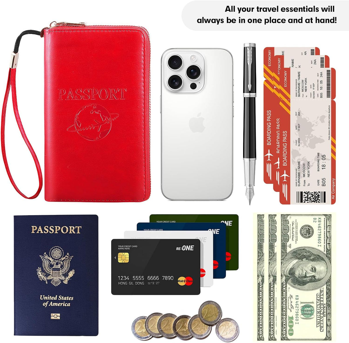 Passport Holder Wallet Lightweight Travel Wallet Zipped Credit Cards Case Holder with Detachable Wrist Strap for Women and Men