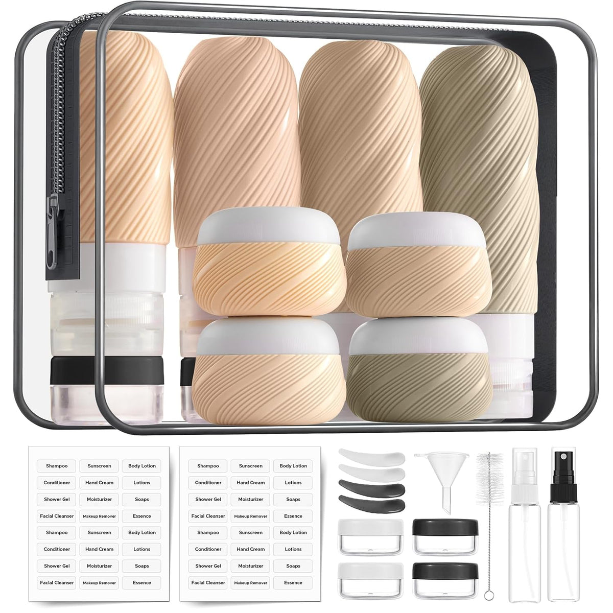 23 Pack TSA Approved Travel Bottles for Toiletries, Leak Proof Refillable Travel Size Containers Kit with Silicone Squeezable Bottles Jars for Shampoo Lotion Conditioner, in Clear Bag, Gray