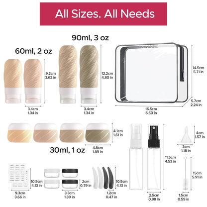 23 Pack TSA Approved Travel Bottles for Toiletries, Leak Proof Refillable Travel Size Containers Kit with Silicone Squeezable Bottles Jars for Shampoo Lotion Conditioner, in Clear Bag, Gray
