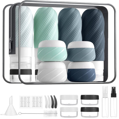 23 Pack TSA Approved Travel Bottles for Toiletries, Leak Proof Refillable Travel Size Containers Kit with Silicone Squeezable Bottles Jars for Shampoo Lotion Conditioner, in Clear Bag, Gray