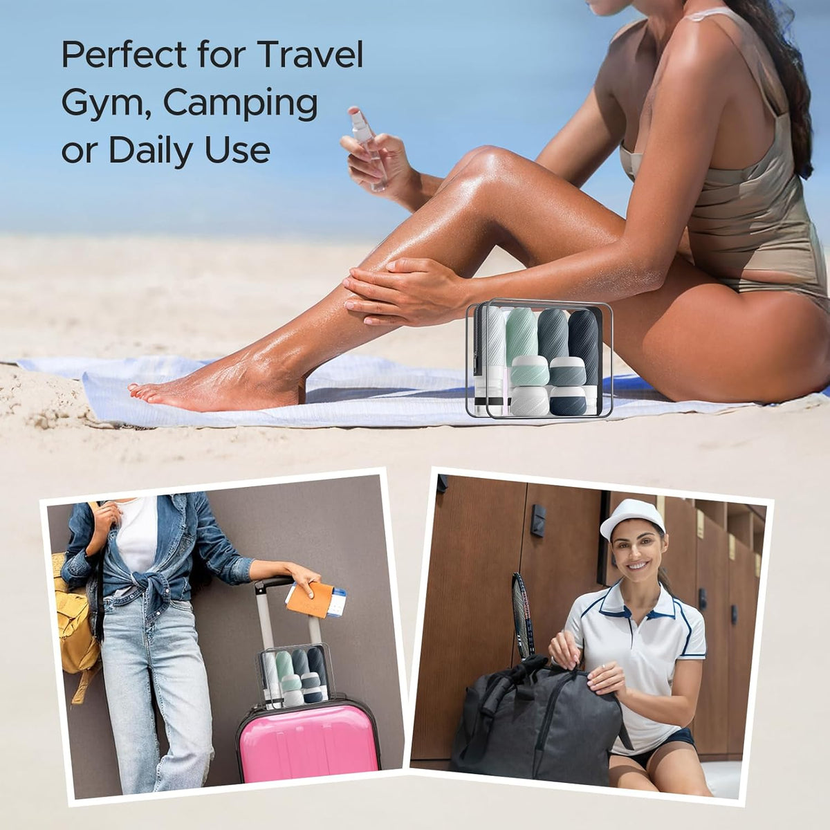 23 Pack TSA Approved Travel Bottles for Toiletries, Leak Proof Refillable Travel Size Containers Kit with Silicone Squeezable Bottles Jars for Shampoo Lotion Conditioner, in Clear Bag, Gray