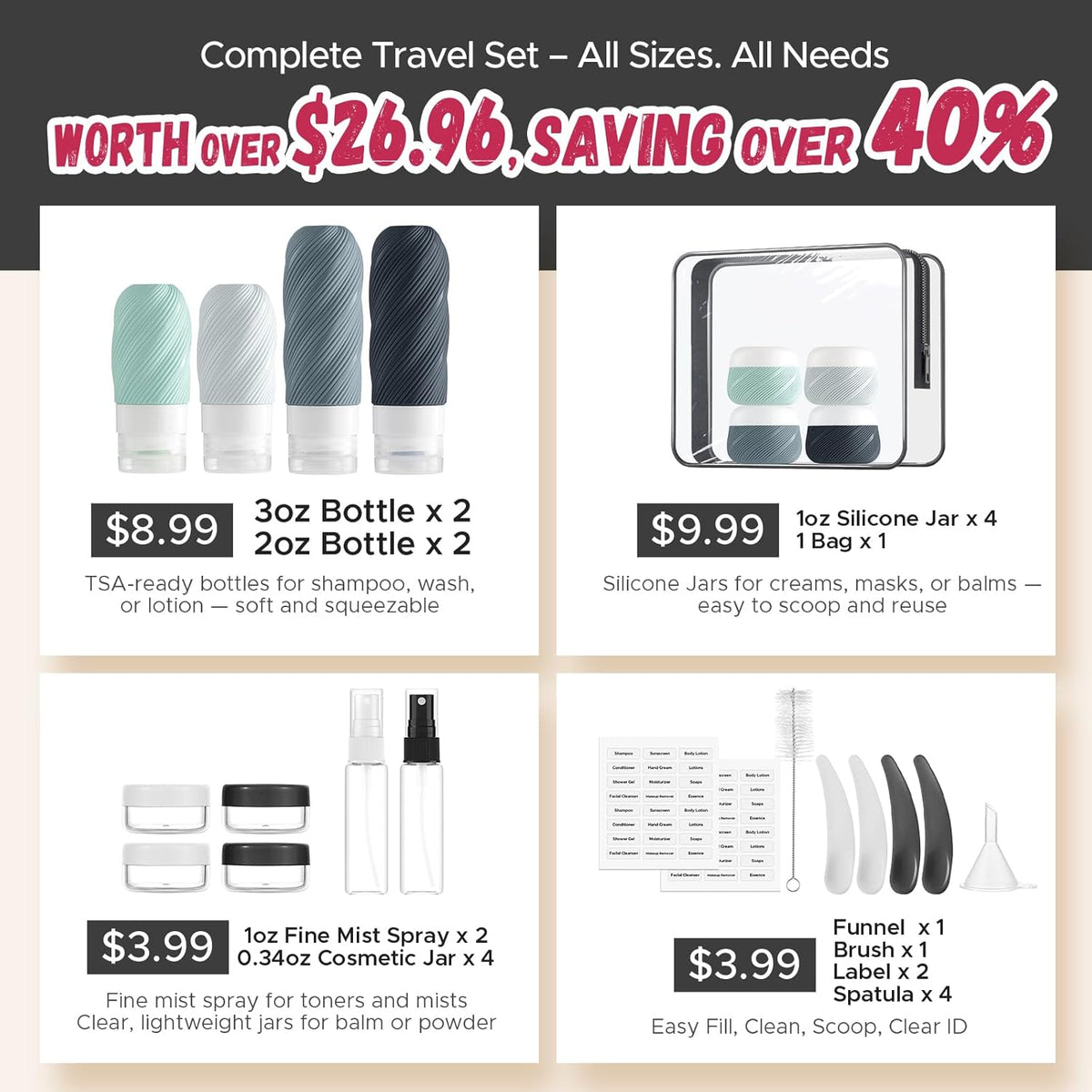 23 Pack TSA Approved Travel Bottles for Toiletries, Leak Proof Refillable Travel Size Containers Kit with Silicone Squeezable Bottles Jars for Shampoo Lotion Conditioner, in Clear Bag, Gray