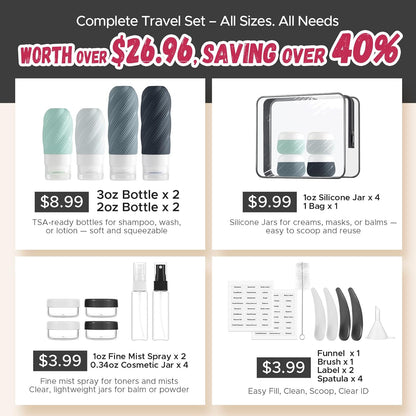 23 Pack TSA Approved Travel Bottles for Toiletries, Leak Proof Refillable Travel Size Containers Kit with Silicone Squeezable Bottles Jars for Shampoo Lotion Conditioner, in Clear Bag, Gray