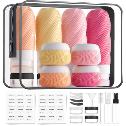 23 Pack TSA Approved Travel Bottles for Toiletries, Leak Proof Refillable Travel Size Containers Kit with Silicone Squeezable Bottles Jars for Shampoo Lotion Conditioner, in Clear Bag, Gray