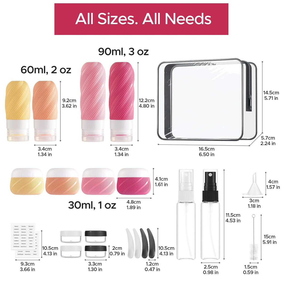 23 Pack TSA Approved Travel Bottles for Toiletries, Leak Proof Refillable Travel Size Containers Kit with Silicone Squeezable Bottles Jars for Shampoo Lotion Conditioner, in Clear Bag, Gray