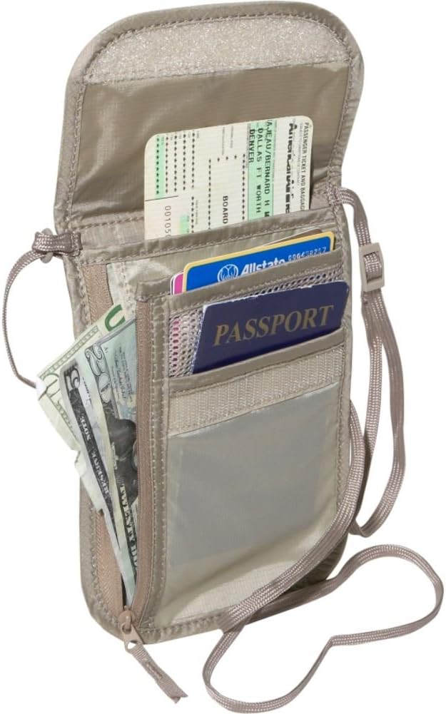 RFID Blocker Neck Wallet - Durable and Lightweight Travel Passport and Valuables Organizer with Hook and Loop Closure and Adjustable Neck Strap, Tan