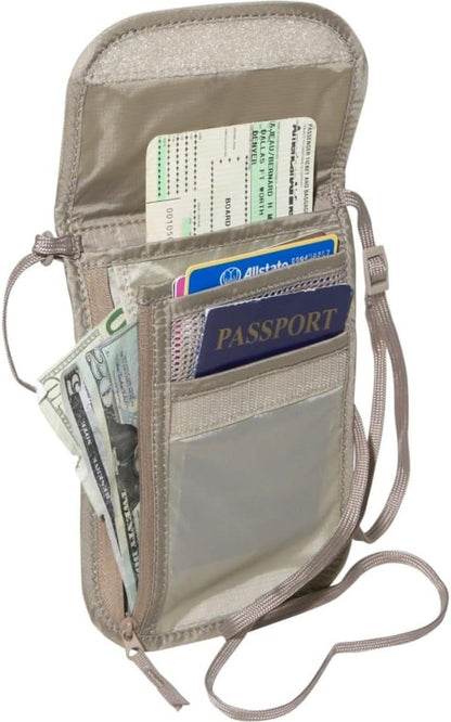 RFID Blocker Neck Wallet - Durable and Lightweight Travel Passport and Valuables Organizer with Hook and Loop Closure and Adjustable Neck Strap, Tan