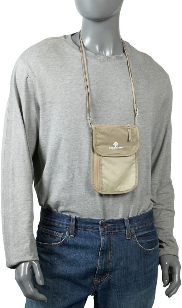 RFID Blocker Neck Wallet - Durable and Lightweight Travel Passport and Valuables Organizer with Hook and Loop Closure and Adjustable Neck Strap, Tan