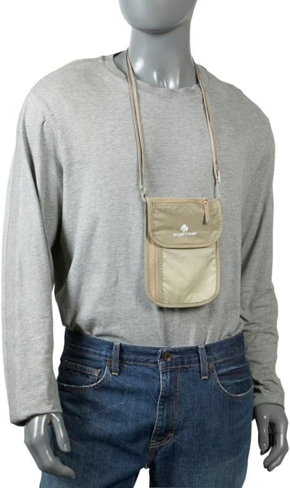 RFID Blocker Neck Wallet - Durable and Lightweight Travel Passport and Valuables Organizer with Hook and Loop Closure and Adjustable Neck Strap, Tan