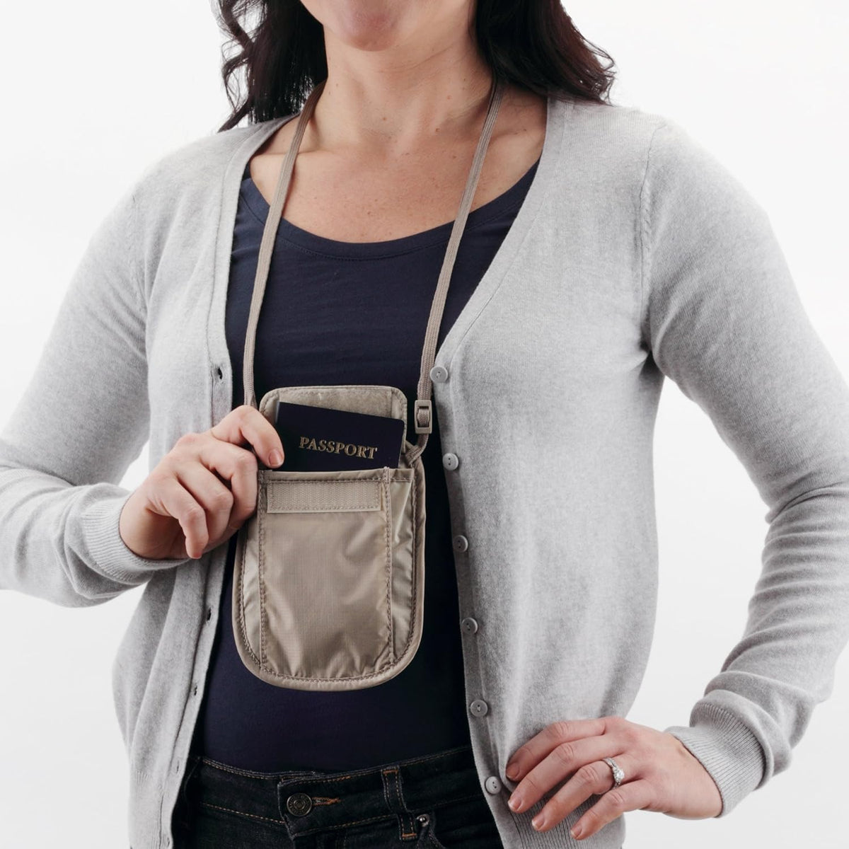 RFID Blocker Neck Wallet - Durable and Lightweight Travel Passport and Valuables Organizer with Hook and Loop Closure and Adjustable Neck Strap, Tan