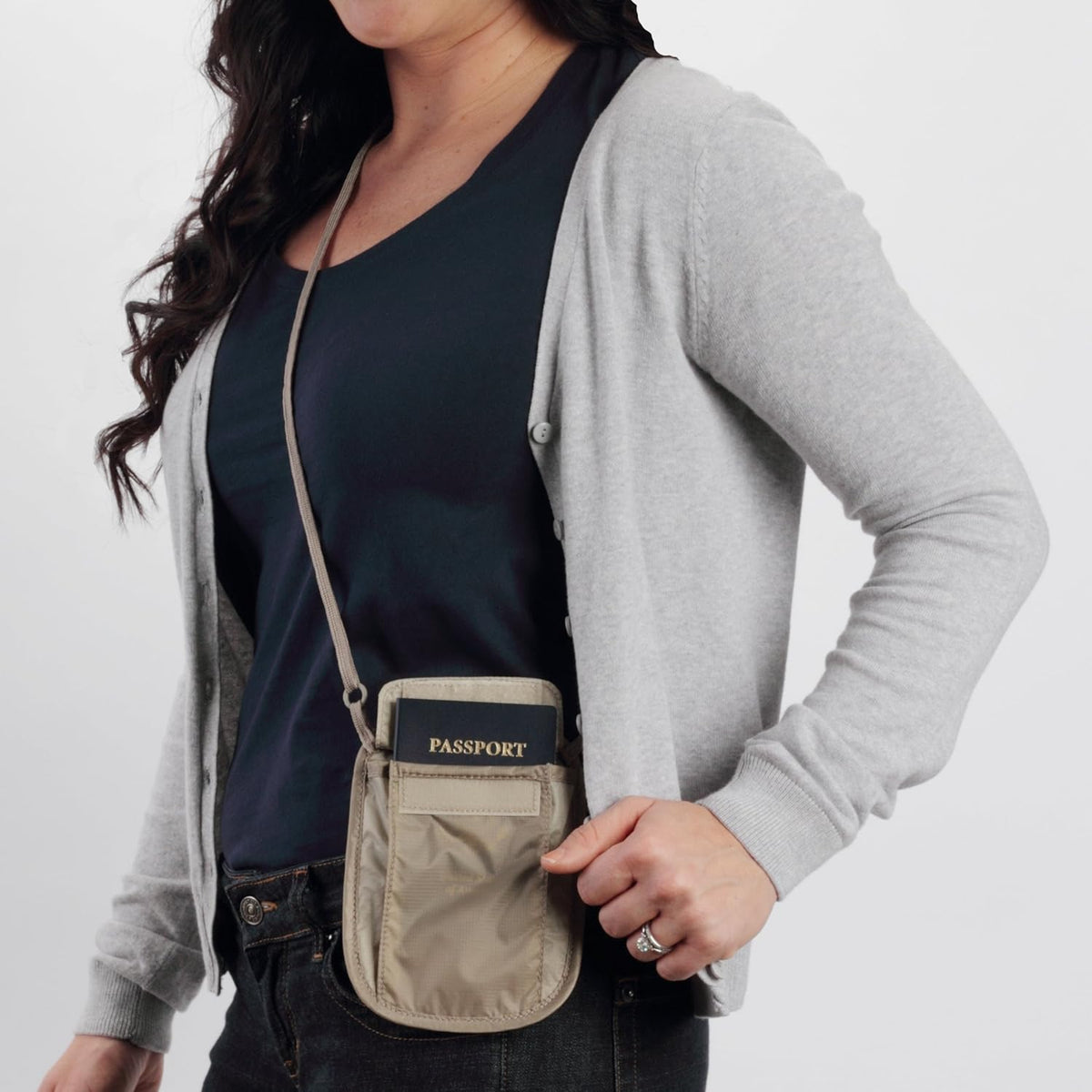 RFID Blocker Neck Wallet - Durable and Lightweight Travel Passport and Valuables Organizer with Hook and Loop Closure and Adjustable Neck Strap, Tan
