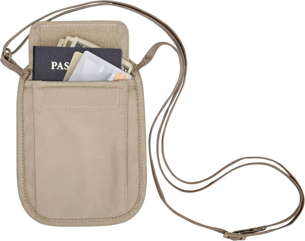 RFID Blocker Neck Wallet - Durable and Lightweight Travel Passport and Valuables Organizer with Hook and Loop Closure and Adjustable Neck Strap, Tan