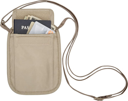 RFID Blocker Neck Wallet - Durable and Lightweight Travel Passport and Valuables Organizer with Hook and Loop Closure and Adjustable Neck Strap, Tan
