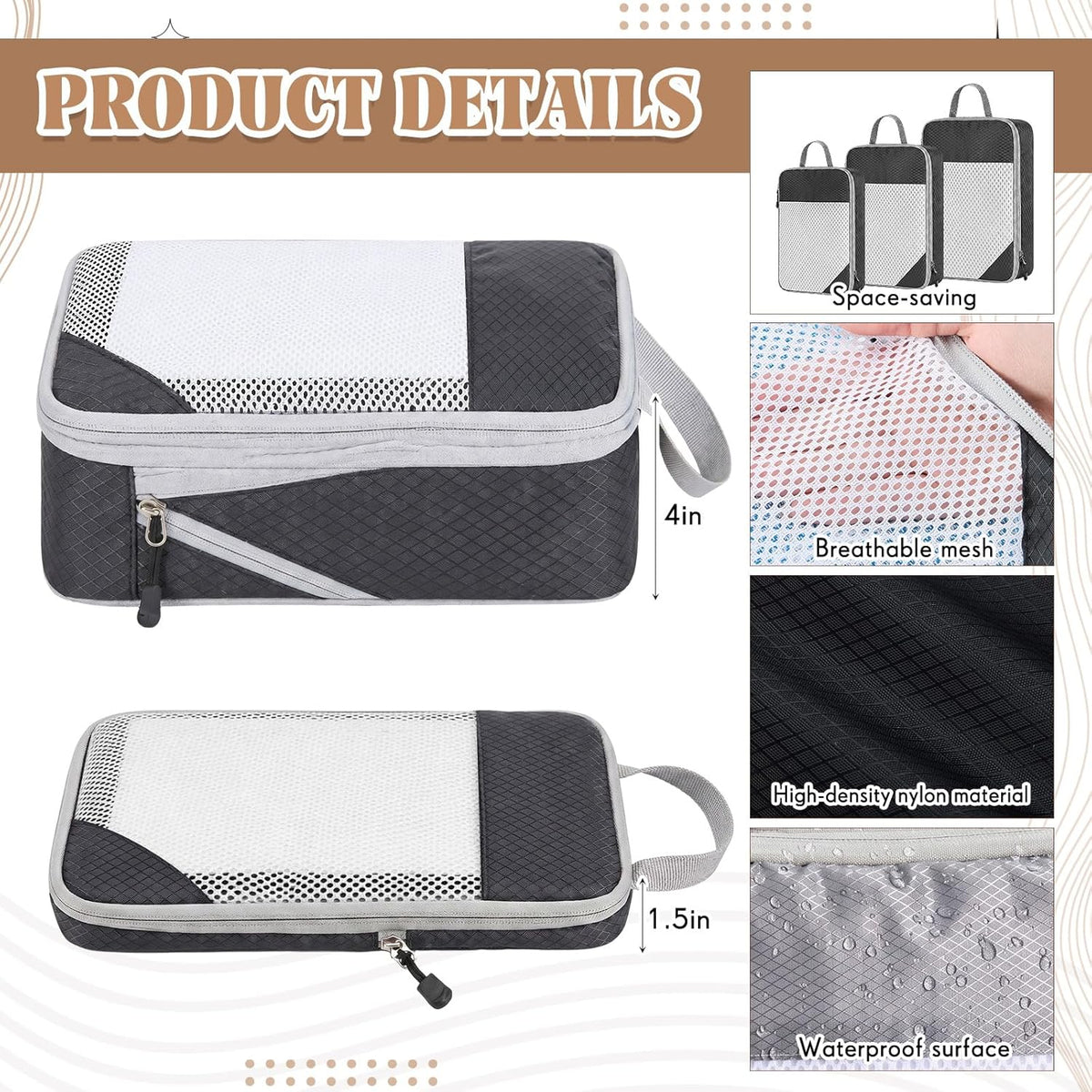 9 Set Compression Packing Cubes for Travel, Luggage Suitcase Organizer Bags with Breathable Mesh Panel for Space Saving Carry on(Beige, Black, Gray)