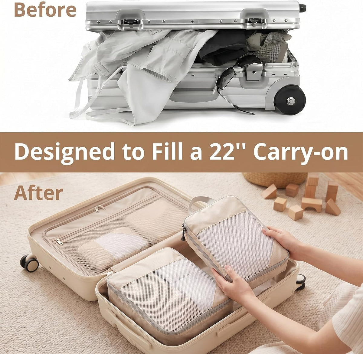 9 Set Compression Packing Cubes for Travel, Luggage Suitcase Organizer Bags with Breathable Mesh Panel for Space Saving Carry on(Beige, Black, Gray)