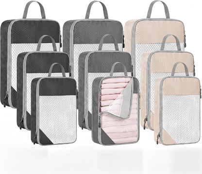 9 Set Compression Packing Cubes for Travel, Luggage Suitcase Organizer Bags with Breathable Mesh Panel for Space Saving Carry on(Beige, Black, Gray)