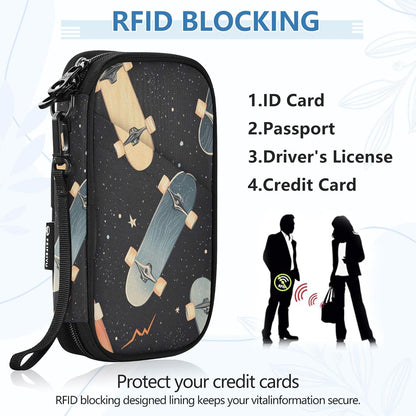 Galaxy Star Skateboard Passport Holder RFID Blocking Wallet | Family Passport Book Wallet, Waterproof Travel Document Organizer Clutch Bag Credit Cards Case Cover for Women Men