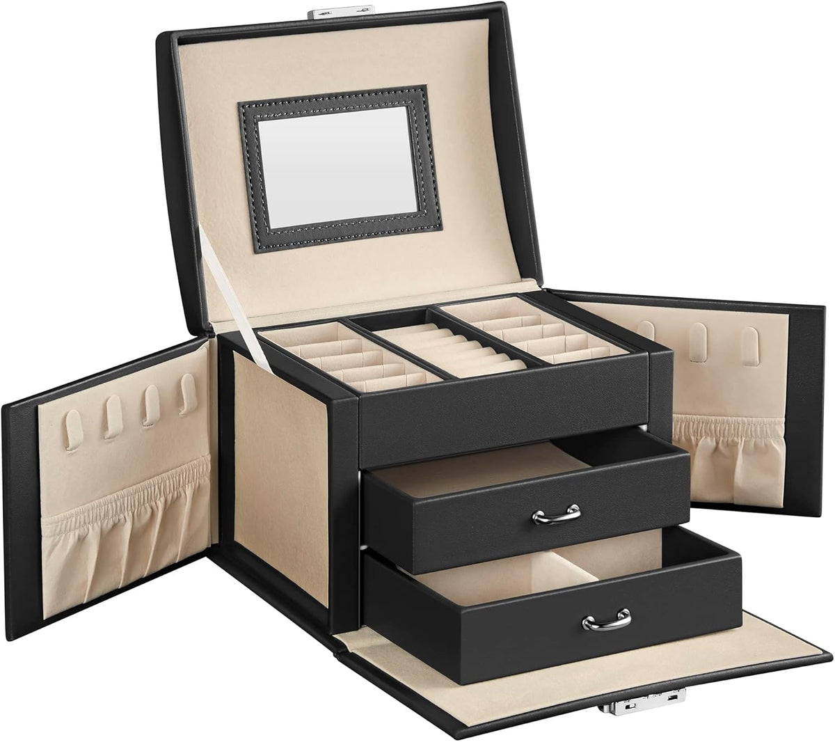 3-Tier Jewelry Box, Travel Jewelry Case with Handle, 2 Drawers, Lockable Jewelry Organizer with Mirror, Jewelry Storage, Modern Style, Gift for Loved Ones, White UJBC154W01