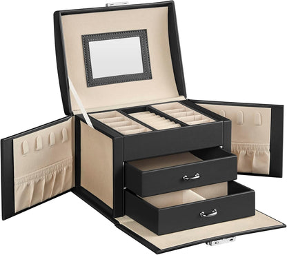 3-Tier Jewelry Box, Travel Jewelry Case with Handle, 2 Drawers, Lockable Jewelry Organizer with Mirror, Jewelry Storage, Modern Style, Gift for Loved Ones, White UJBC154W01