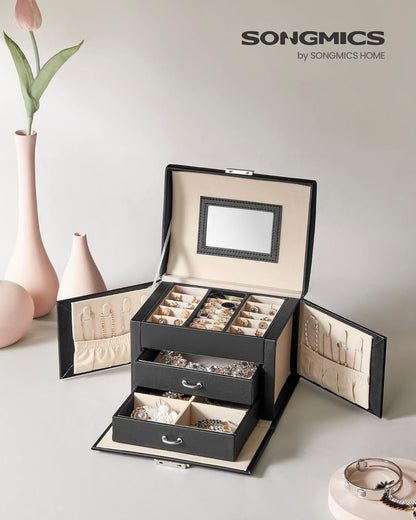 3-Tier Jewelry Box, Travel Jewelry Case with Handle, 2 Drawers, Lockable Jewelry Organizer with Mirror, Jewelry Storage, Modern Style, Gift for Loved Ones, White UJBC154W01