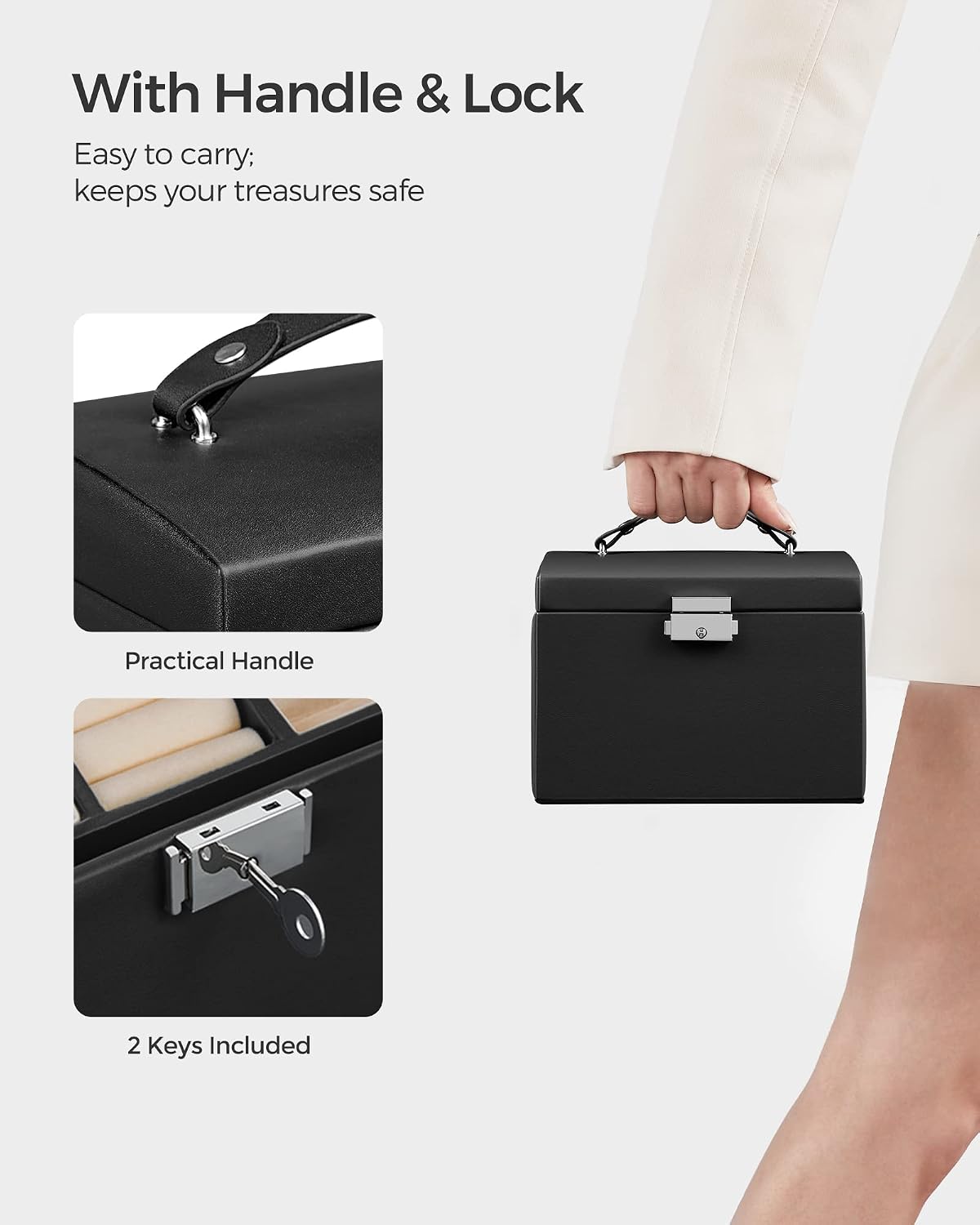 3-Tier Jewelry Box, Travel Jewelry Case with Handle, 2 Drawers, Lockable Jewelry Organizer with Mirror, Jewelry Storage, Modern Style, Gift for Loved Ones, White UJBC154W01