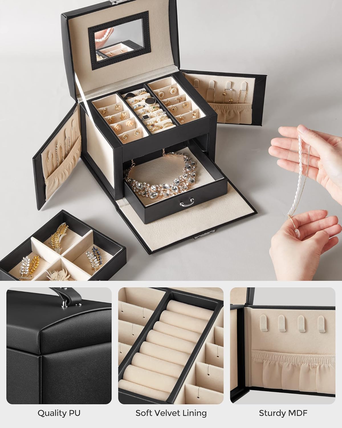 3-Tier Jewelry Box, Travel Jewelry Case with Handle, 2 Drawers, Lockable Jewelry Organizer with Mirror, Jewelry Storage, Modern Style, Gift for Loved Ones, White UJBC154W01