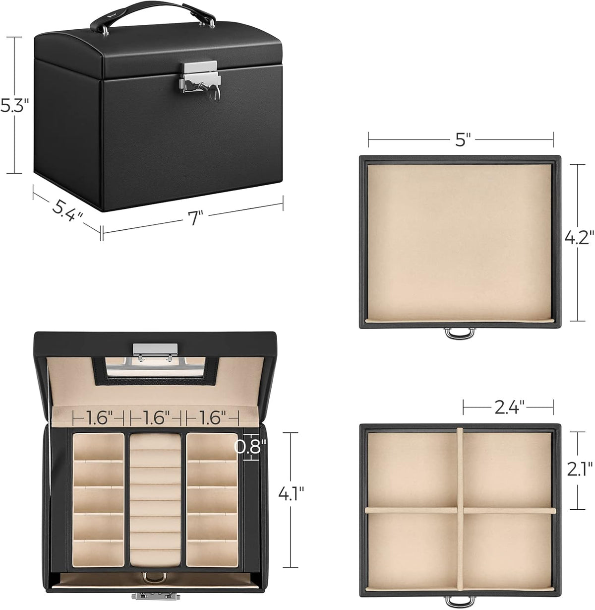3-Tier Jewelry Box, Travel Jewelry Case with Handle, 2 Drawers, Lockable Jewelry Organizer with Mirror, Jewelry Storage, Modern Style, Gift for Loved Ones, White UJBC154W01