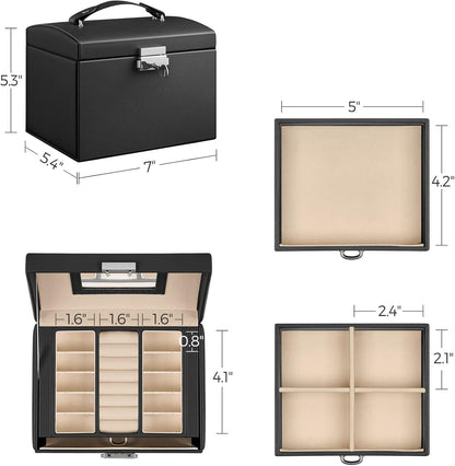 3-Tier Jewelry Box, Travel Jewelry Case with Handle, 2 Drawers, Lockable Jewelry Organizer with Mirror, Jewelry Storage, Modern Style, Gift for Loved Ones, White UJBC154W01