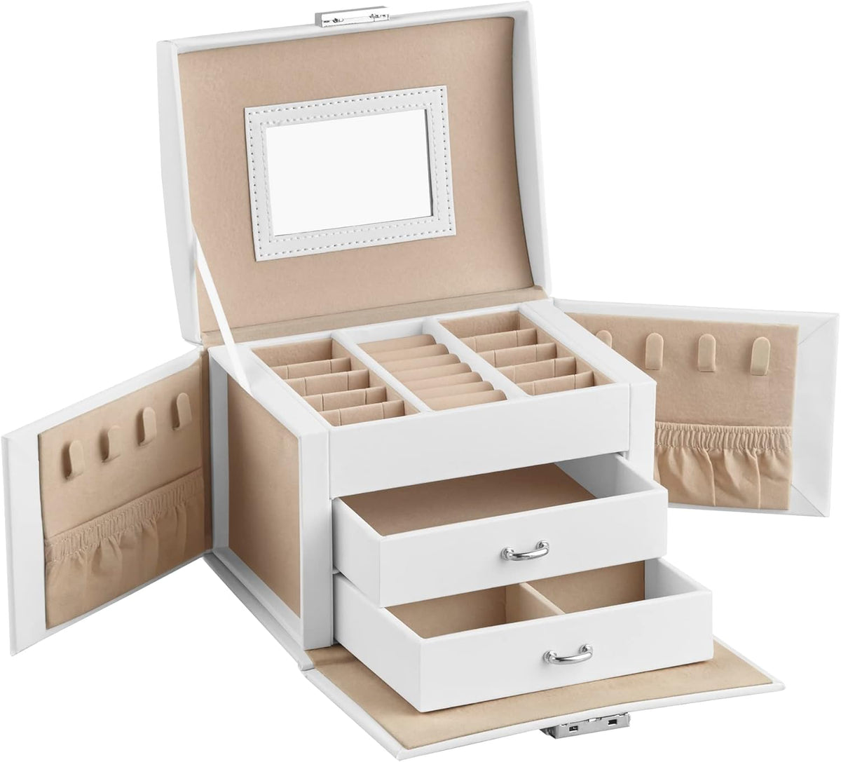 3-Tier Jewelry Box, Travel Jewelry Case with Handle, 2 Drawers, Lockable Jewelry Organizer with Mirror, Jewelry Storage, Modern Style, Gift for Loved Ones, White UJBC154W01