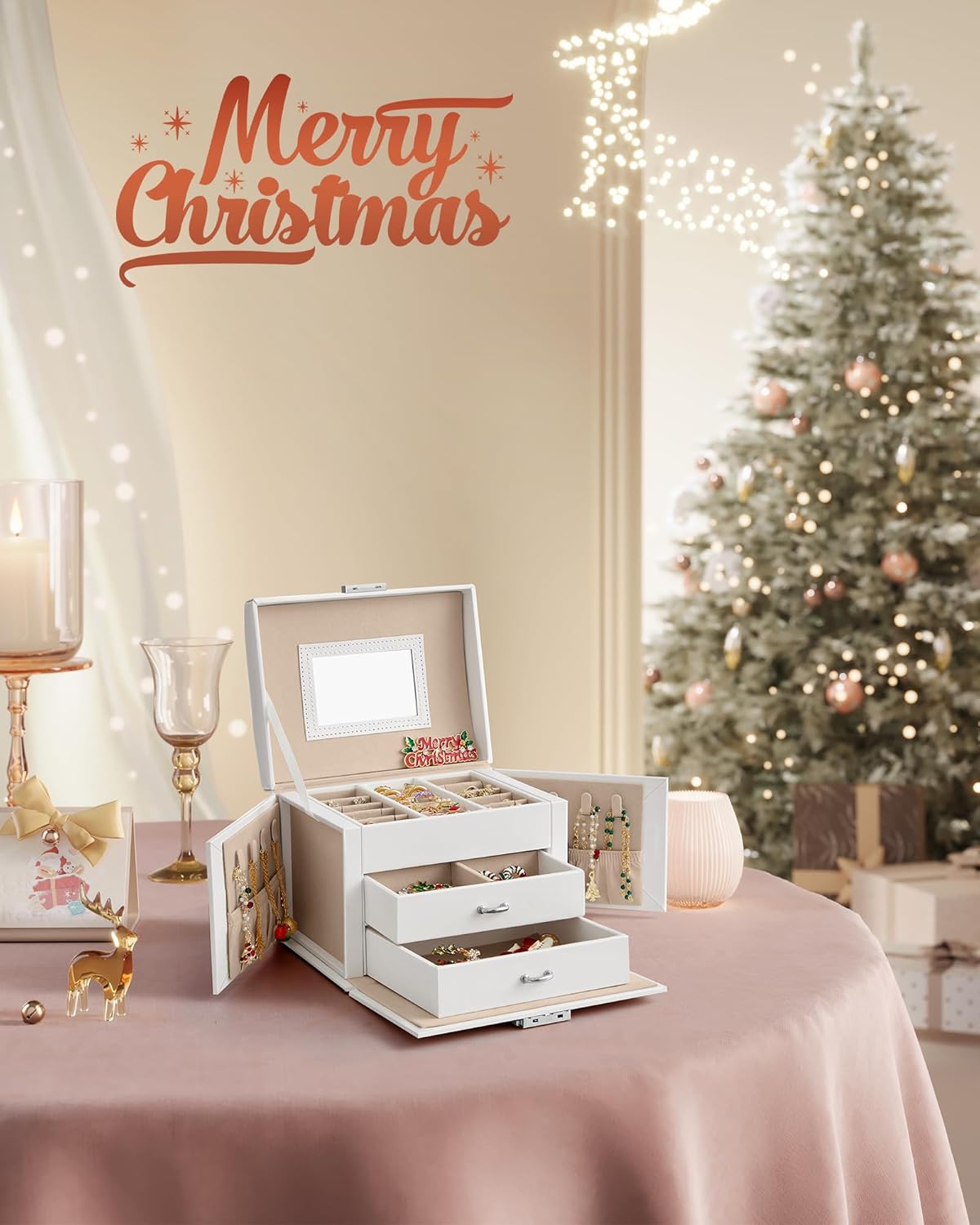 3-Tier Jewelry Box, Travel Jewelry Case with Handle, 2 Drawers, Lockable Jewelry Organizer with Mirror, Jewelry Storage, Modern Style, Gift for Loved Ones, White UJBC154W01