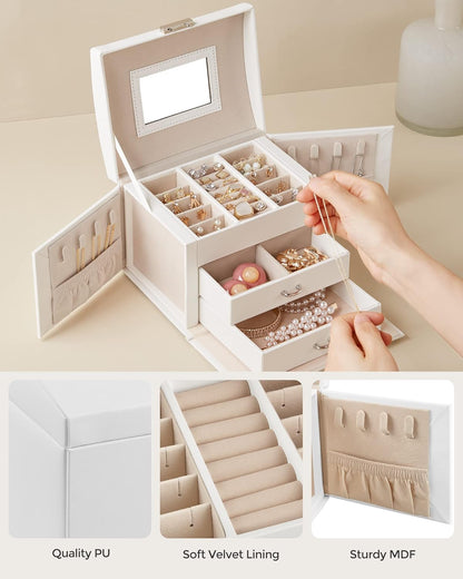 3-Tier Jewelry Box, Travel Jewelry Case with Handle, 2 Drawers, Lockable Jewelry Organizer with Mirror, Jewelry Storage, Modern Style, Gift for Loved Ones, White UJBC154W01