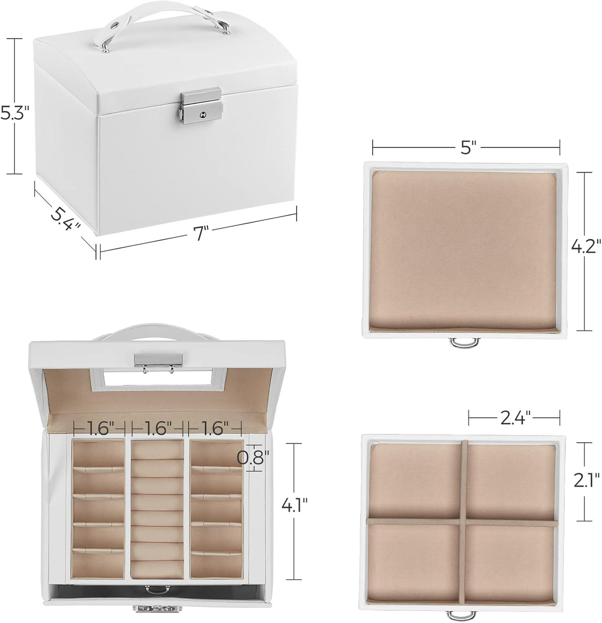 3-Tier Jewelry Box, Travel Jewelry Case with Handle, 2 Drawers, Lockable Jewelry Organizer with Mirror, Jewelry Storage, Modern Style, Gift for Loved Ones, White UJBC154W01