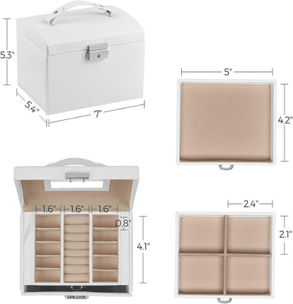 3-Tier Jewelry Box, Travel Jewelry Case with Handle, 2 Drawers, Lockable Jewelry Organizer with Mirror, Jewelry Storage, Modern Style, Gift for Loved Ones, White UJBC154W01