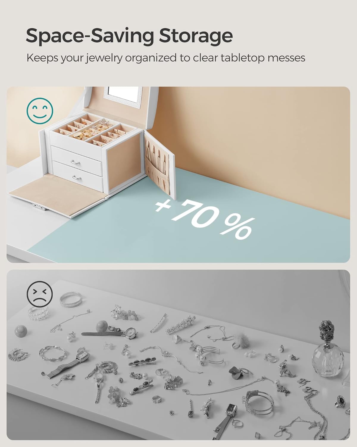 3-Tier Jewelry Box, Travel Jewelry Case with Handle, 2 Drawers, Lockable Jewelry Organizer with Mirror, Jewelry Storage, Modern Style, Gift for Loved Ones, White UJBC154W01